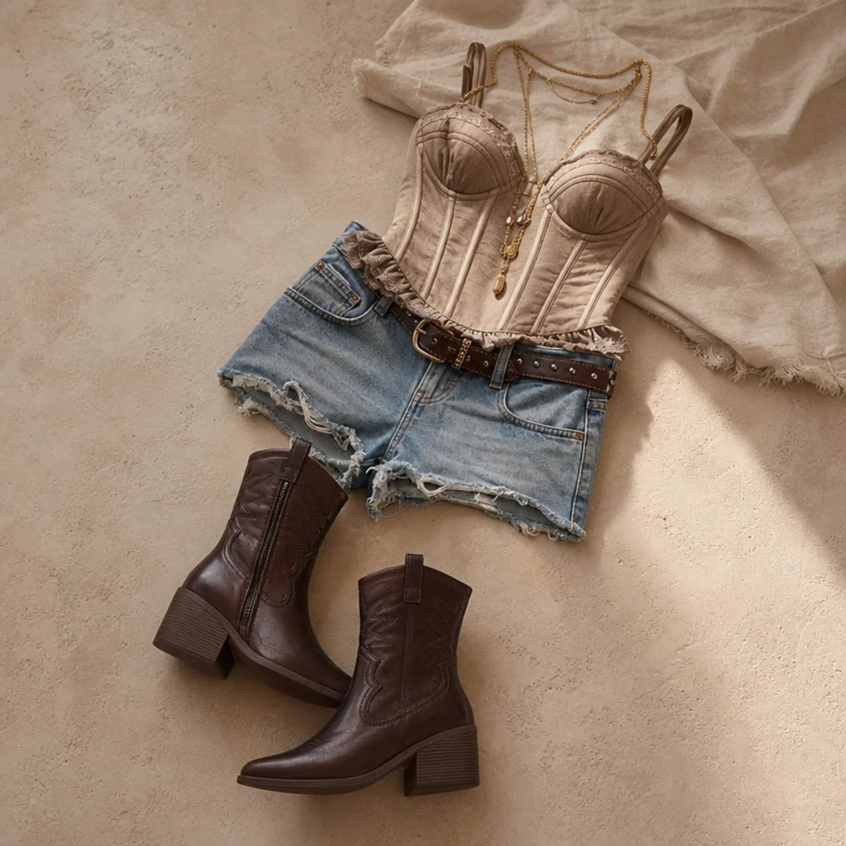 Faceless waist-up shot of a structured corset top with denim jorts and ankle boots for a festival