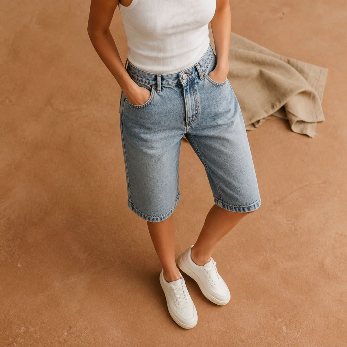 Faceless waist-down shot of long denim jorts with a tucked white tank and white sneakers