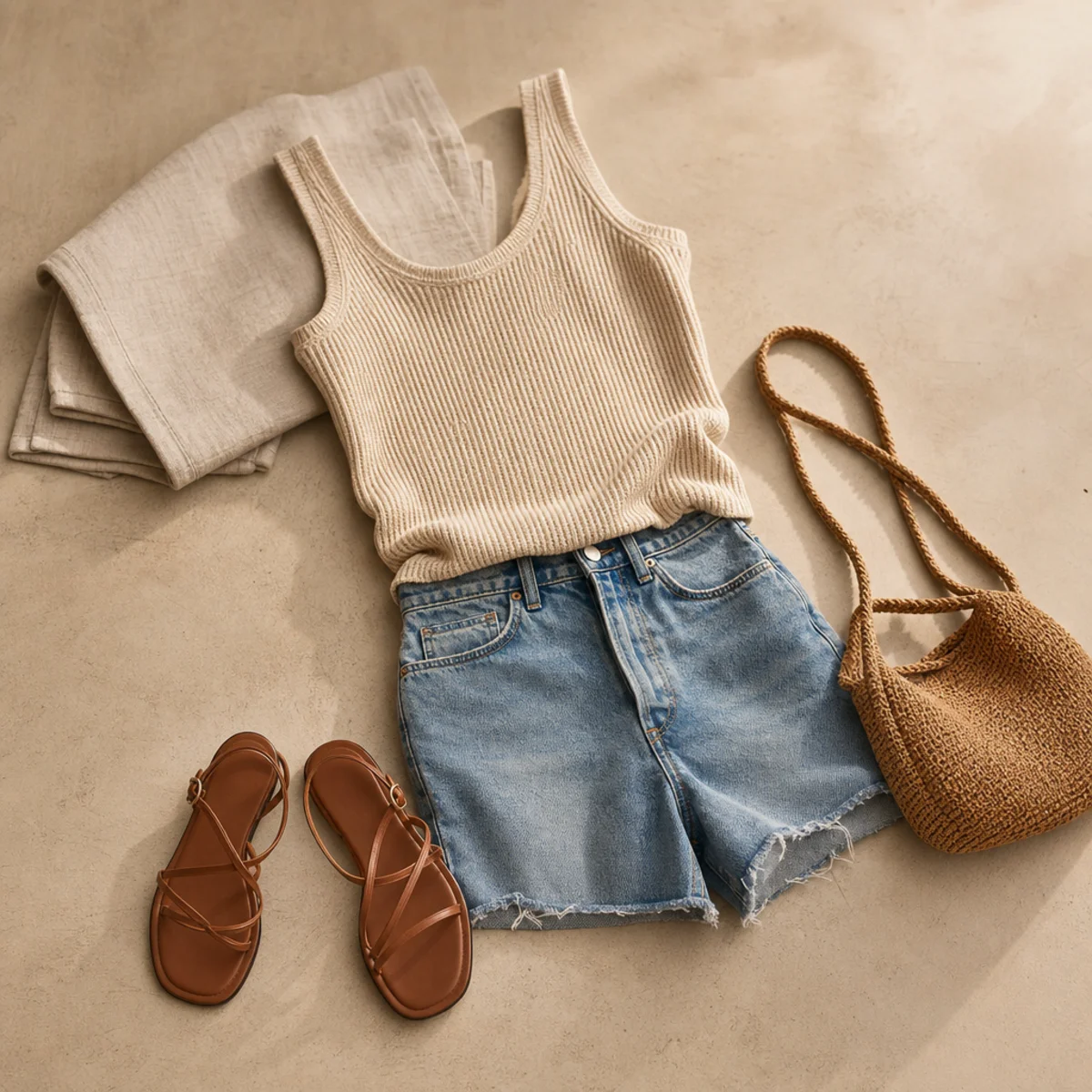 Faceless waist-up shot of a fitted knit tank with denim jorts and flat sandals