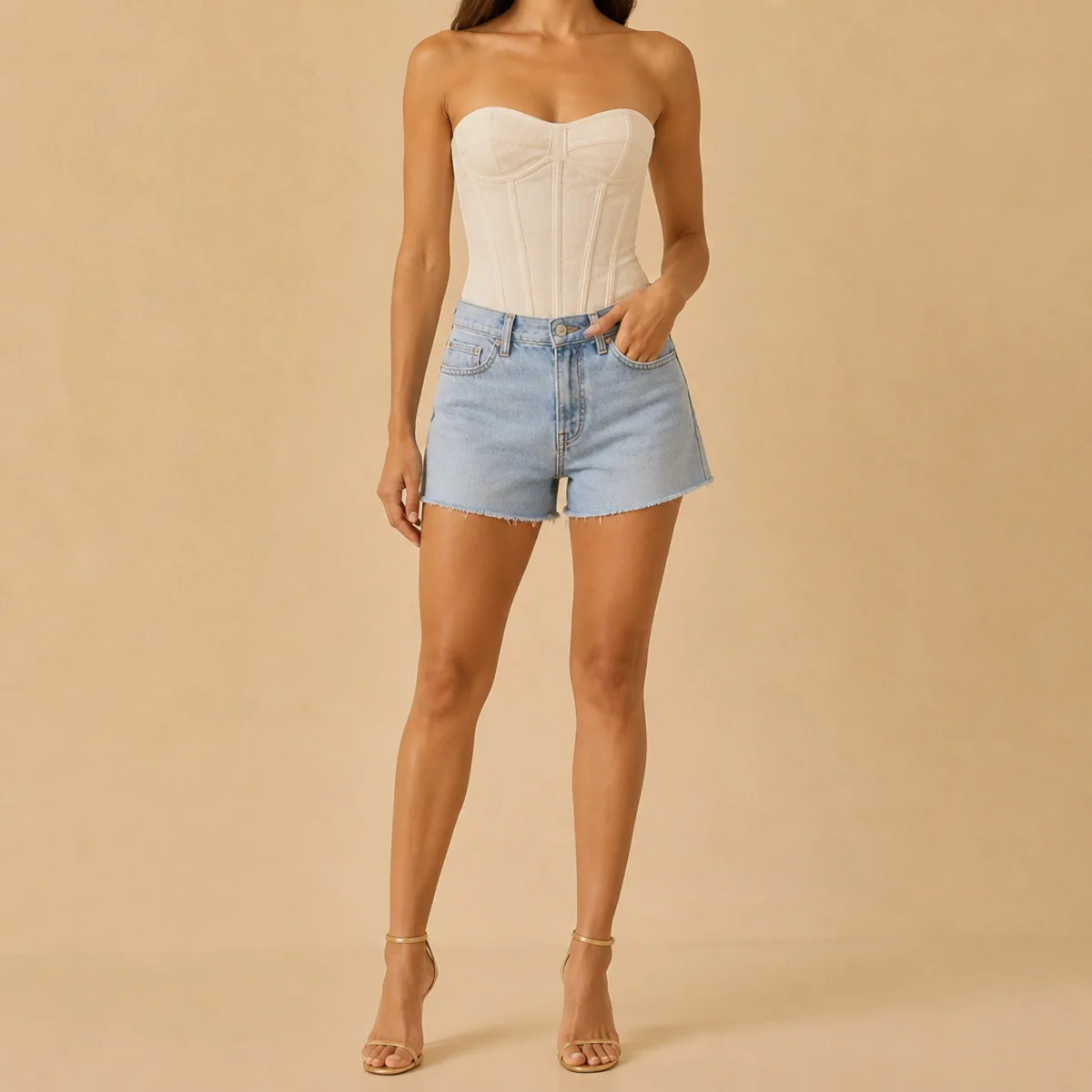 Faceless waist-up shot of a structured corset top with denim jorts and heels