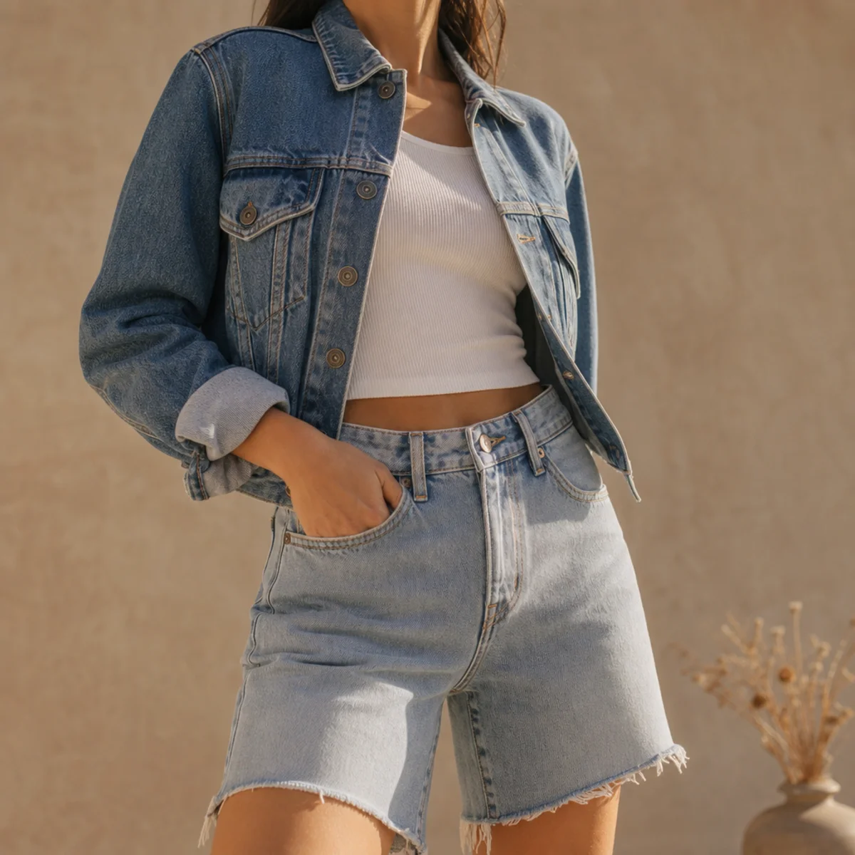 Faceless waist-up shot of a denim jacket over a tank with denim jorts in contrasting washes
