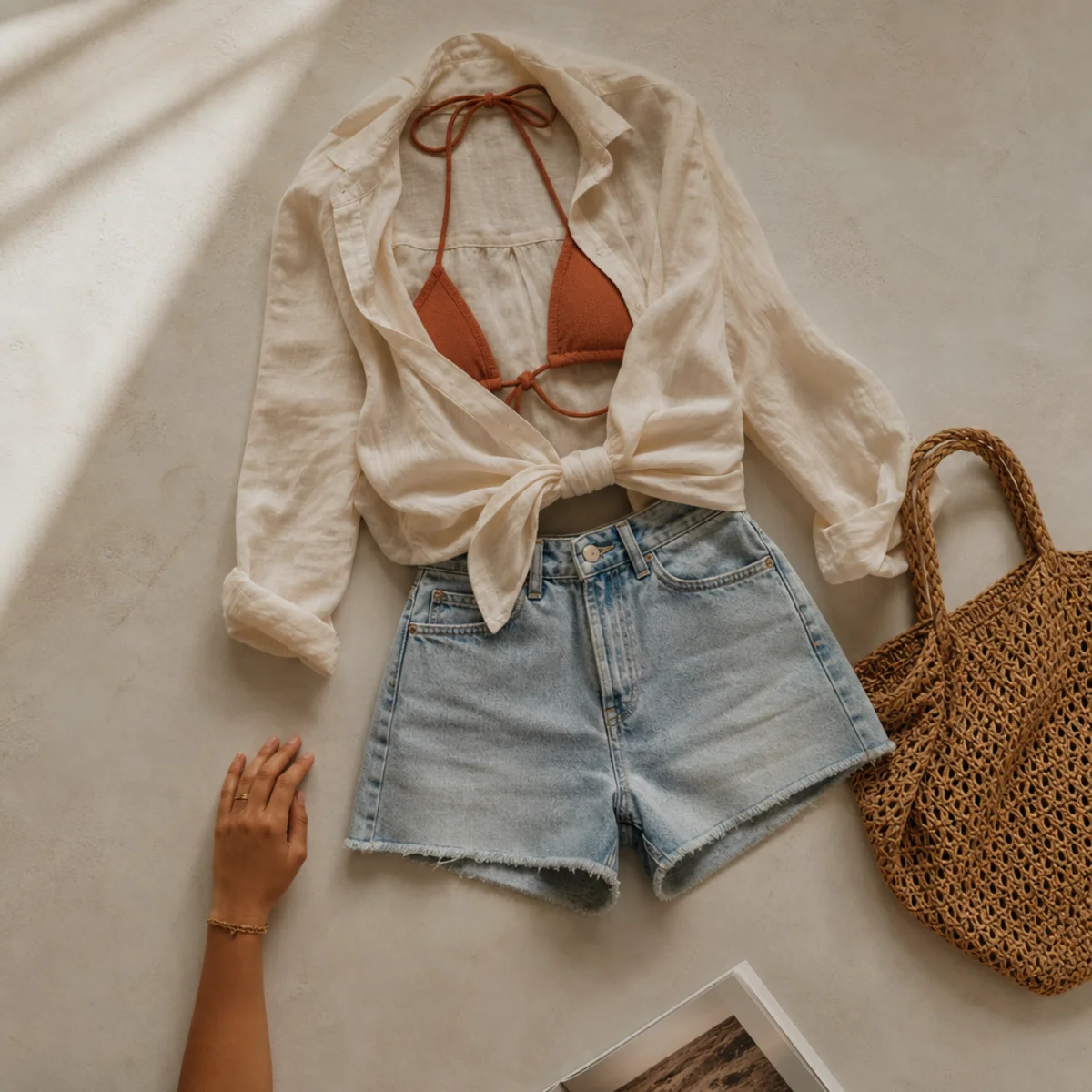 Faceless waist-down shot of denim jorts with a linen shirt tied over a bikini top for the beach
