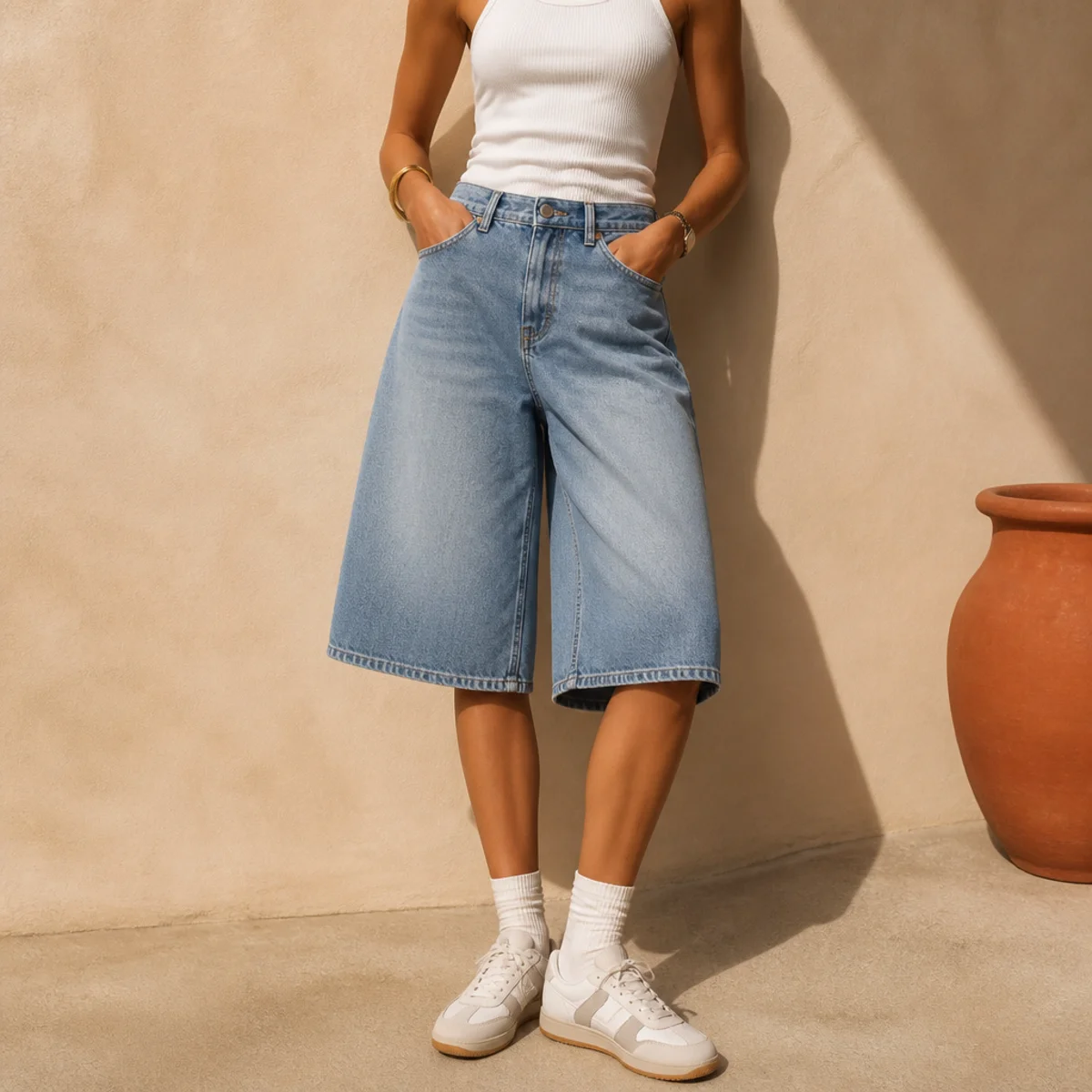 Faceless waist-down editorial shot of long denim jorts with a tucked white tank and sneakers