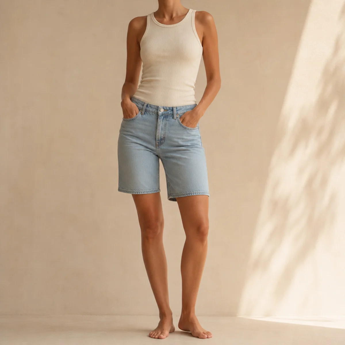 Faceless waist-up shot of a fitted ribbed tank with denim jorts