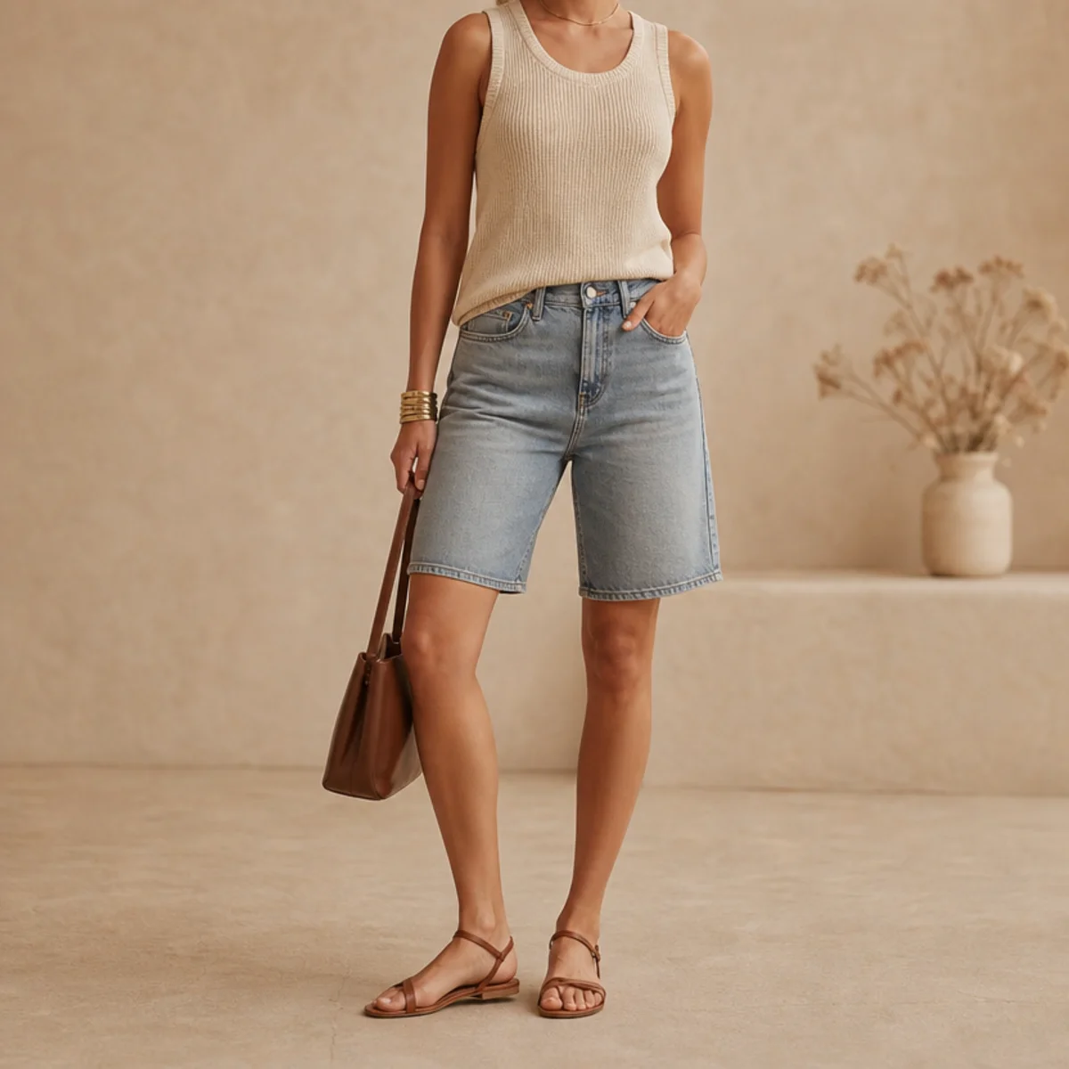 Faceless waist-up shot of a fine knit tank with denim jorts and flat sandals