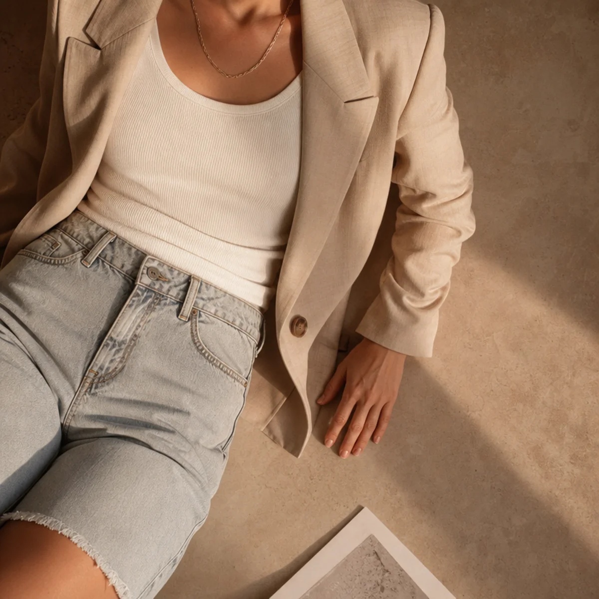 Faceless waist-up shot of a fitted tank under a blazer with denim jorts