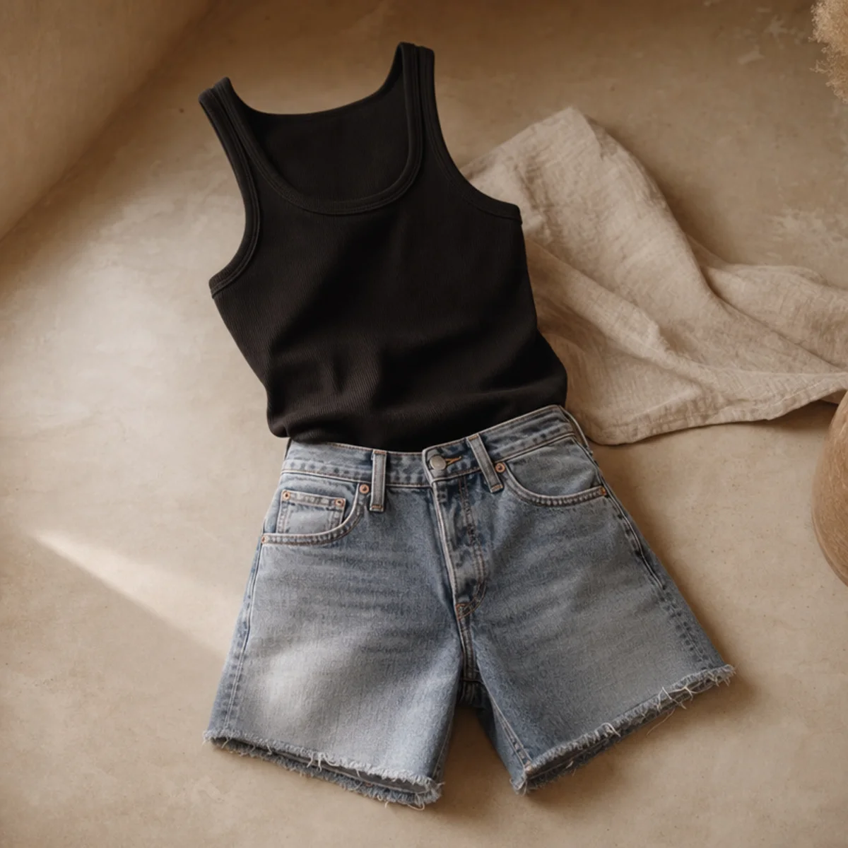 Faceless waist-up shot of a fitted black tank with denim jorts