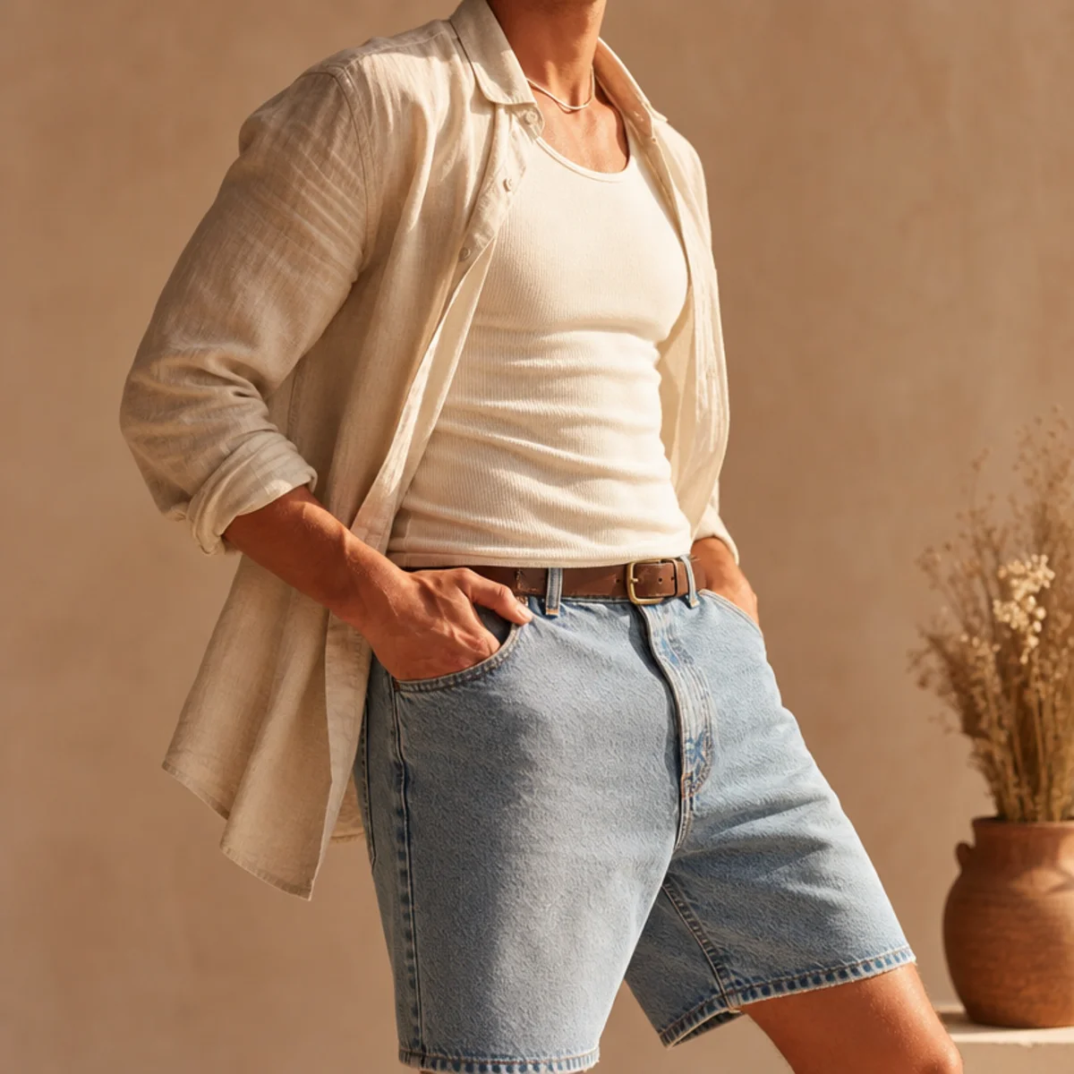 Faceless waist-up shot of a fitted tank under an open linen shirt with denim jorts