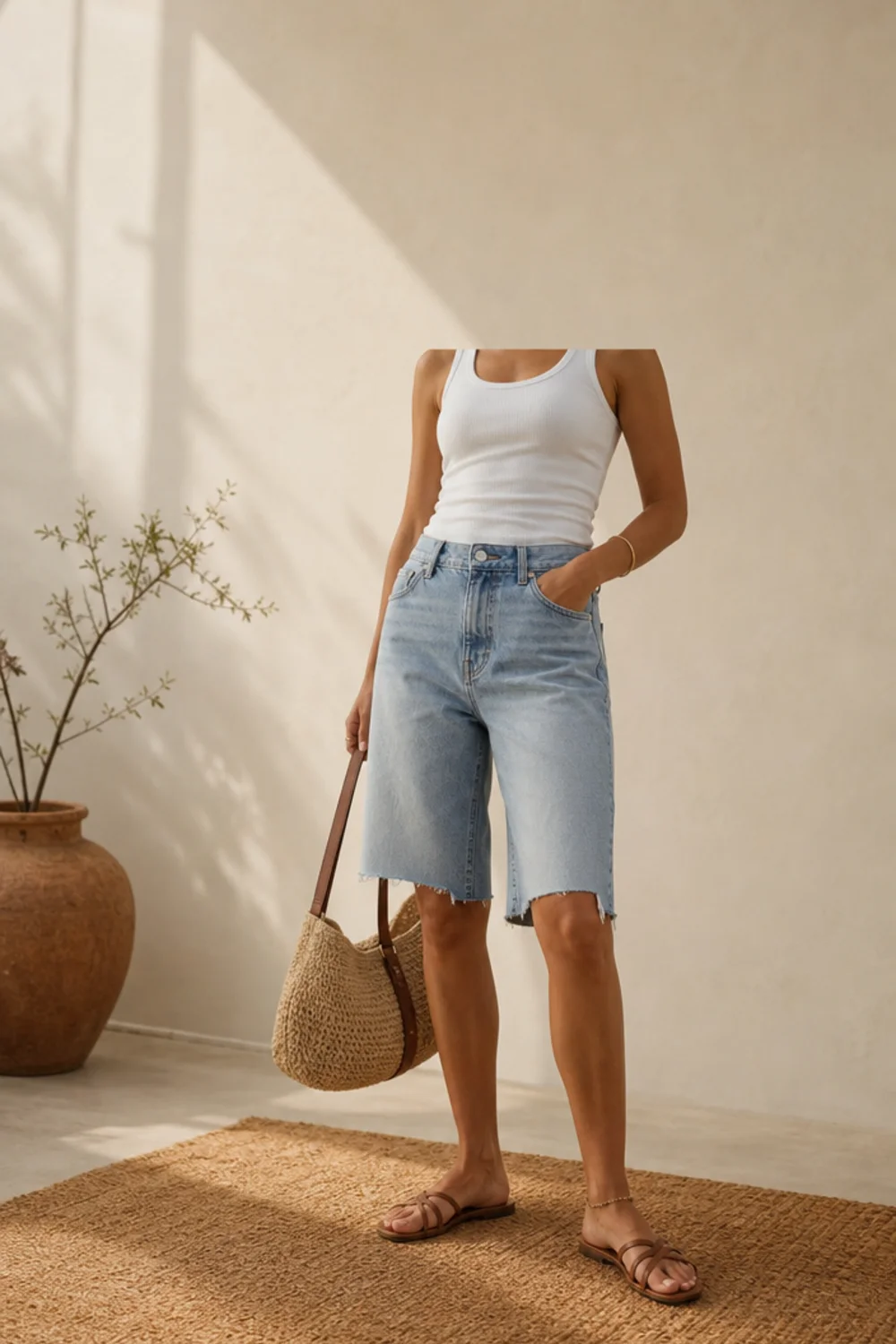 Faceless jorts and tank top outfit with a white tank and sandals