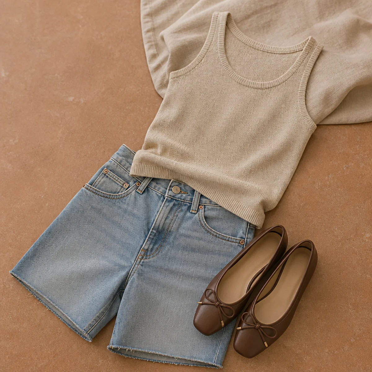 Faceless waist-up shot of a fine knit tank with denim jorts and ballet flats