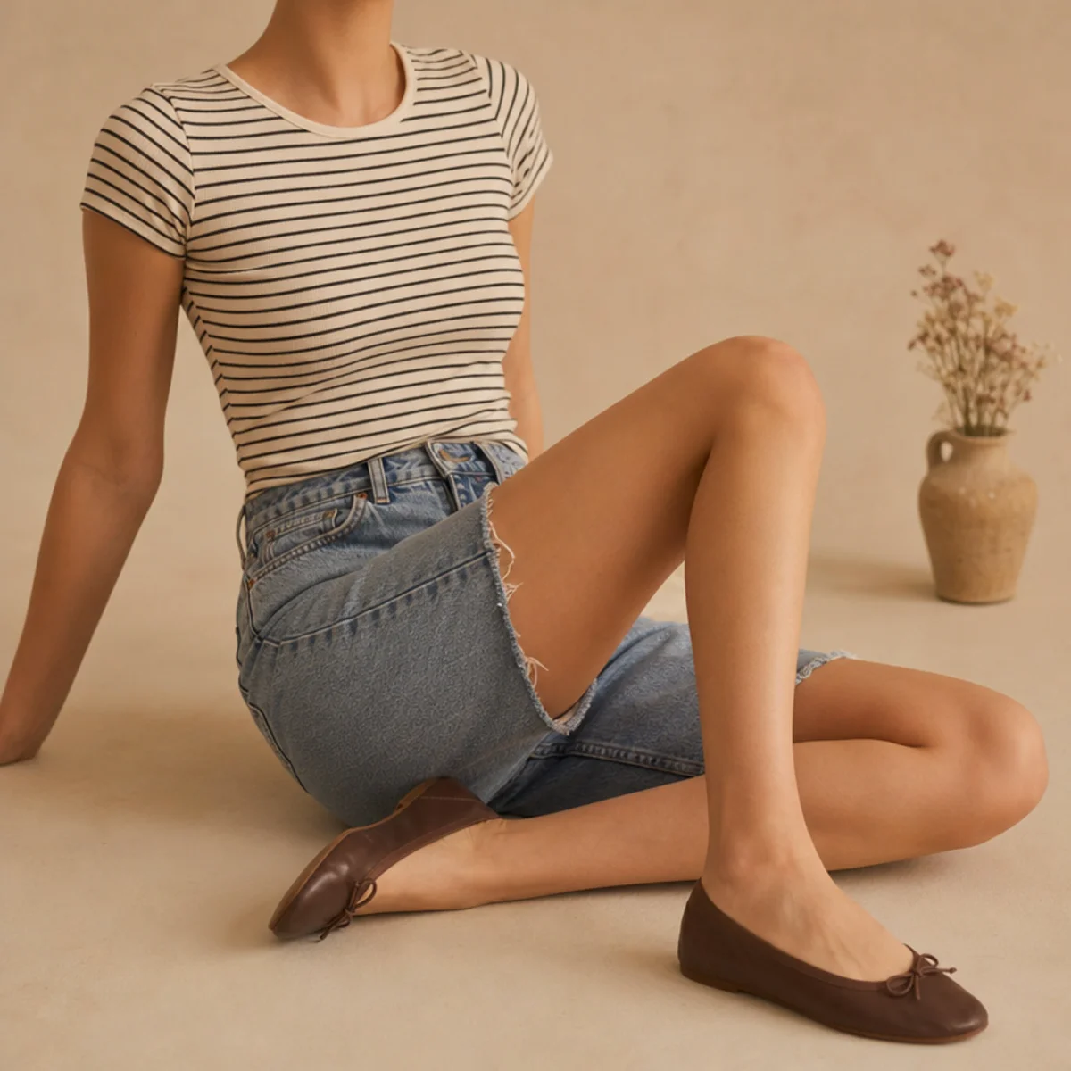 Faceless waist-up shot of a fitted striped tee with denim jorts and ballet flats