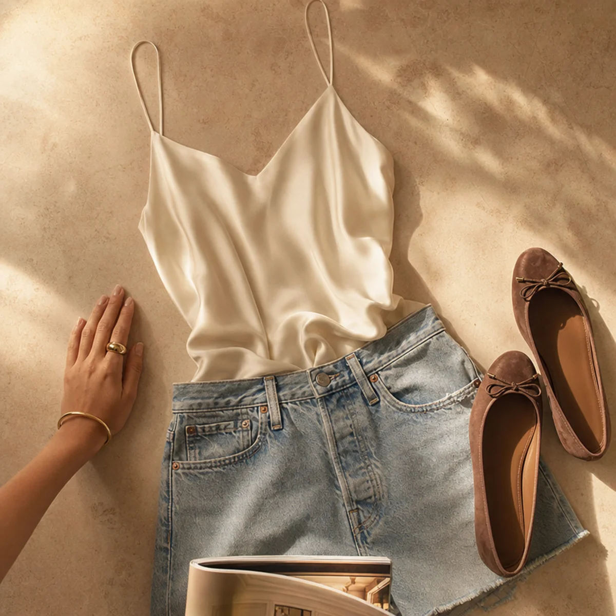 Faceless waist-up shot of a silky cami with denim jorts and ballet flats