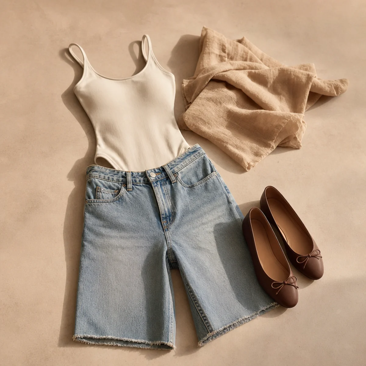 Faceless waist-up shot of a fitted bodysuit with denim jorts and ballet flats