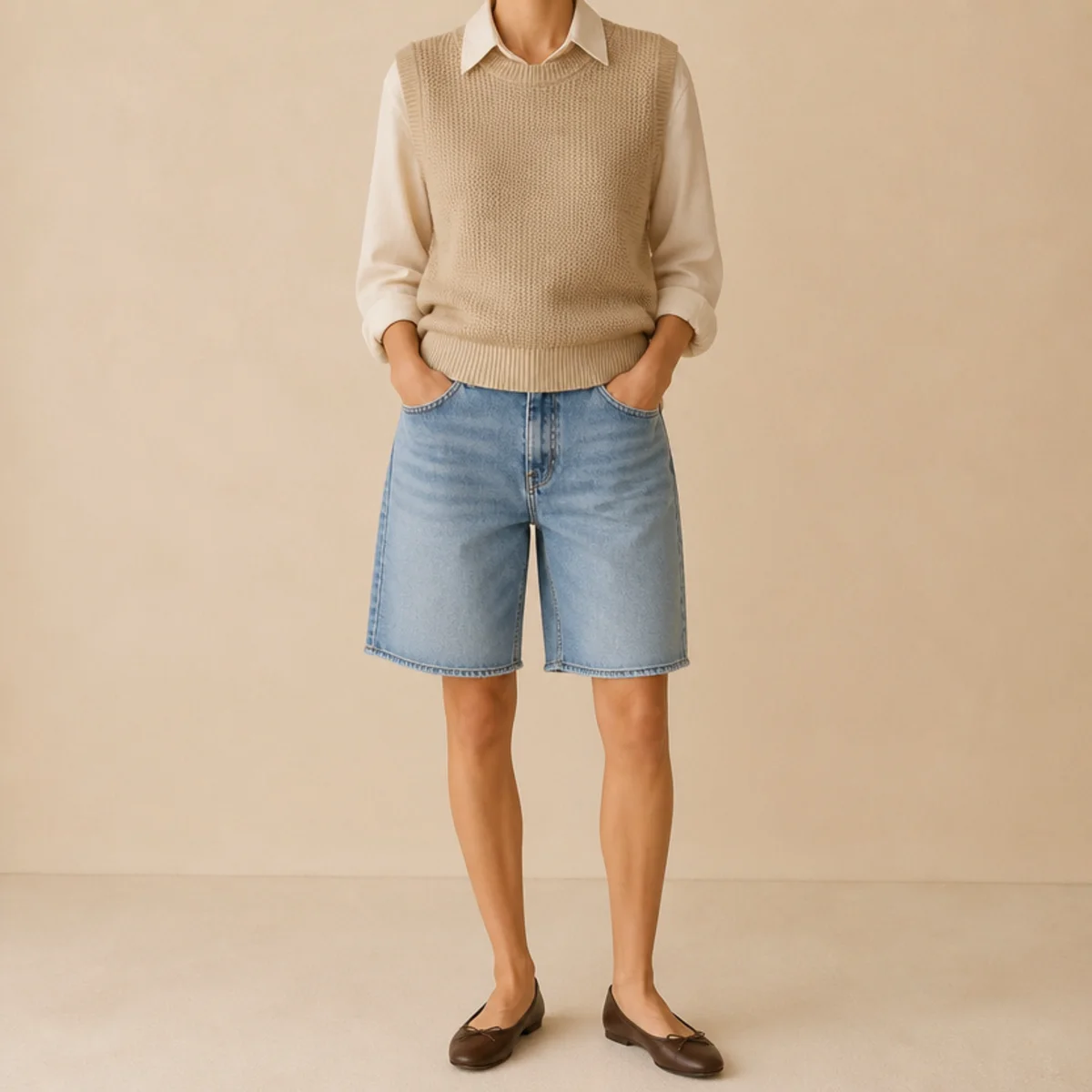 Faceless waist-up shot of a knit vest over a shirt with denim jorts and ballet flats