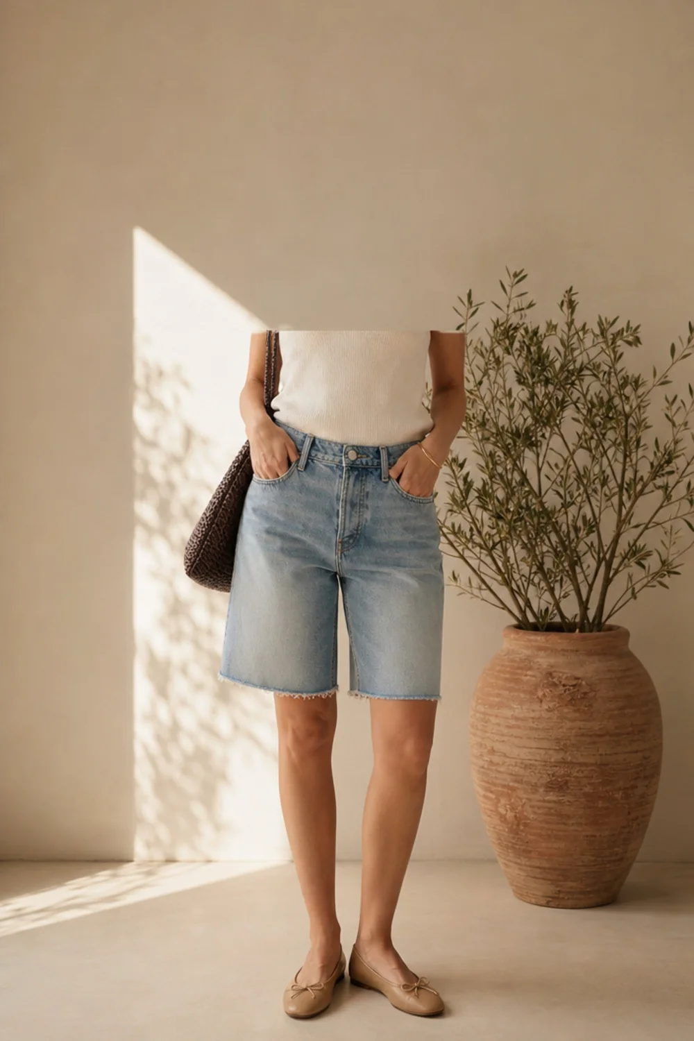 Faceless jorts and ballet flats outfit with a fitted knit tank