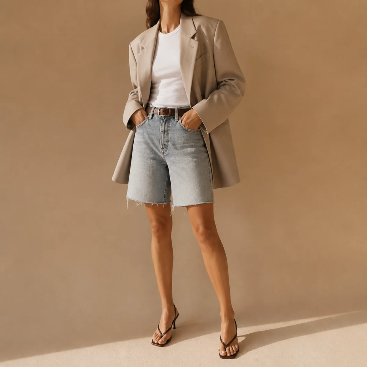 Faceless waist-up shot of an oversized blazer over a fitted tee with denim jorts