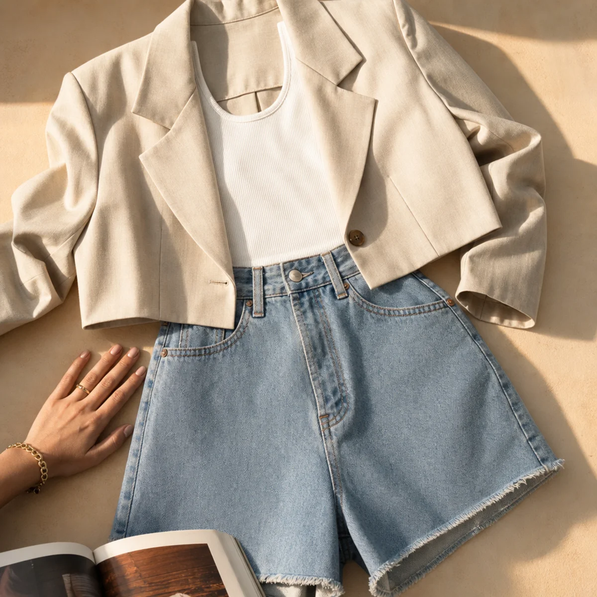 Faceless waist-up shot of a cropped blazer over a tank with high-waisted denim jorts