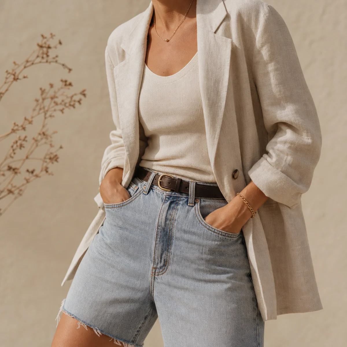 Faceless waist-up shot of a relaxed linen blazer over a tank with denim jorts and sandals