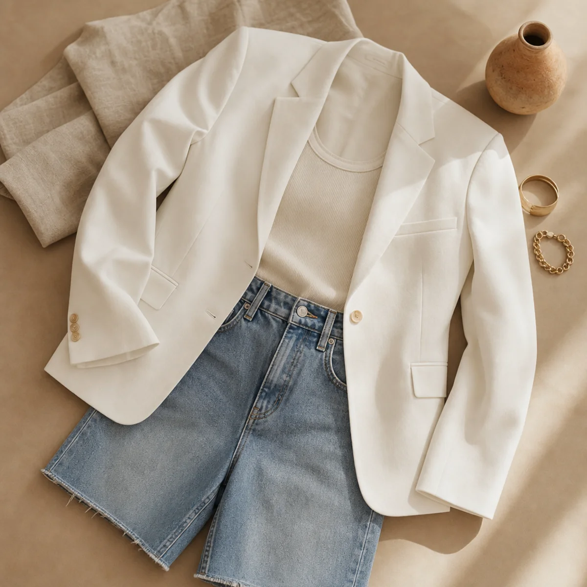 Faceless waist-up shot of a crisp white blazer over a tank with denim jorts