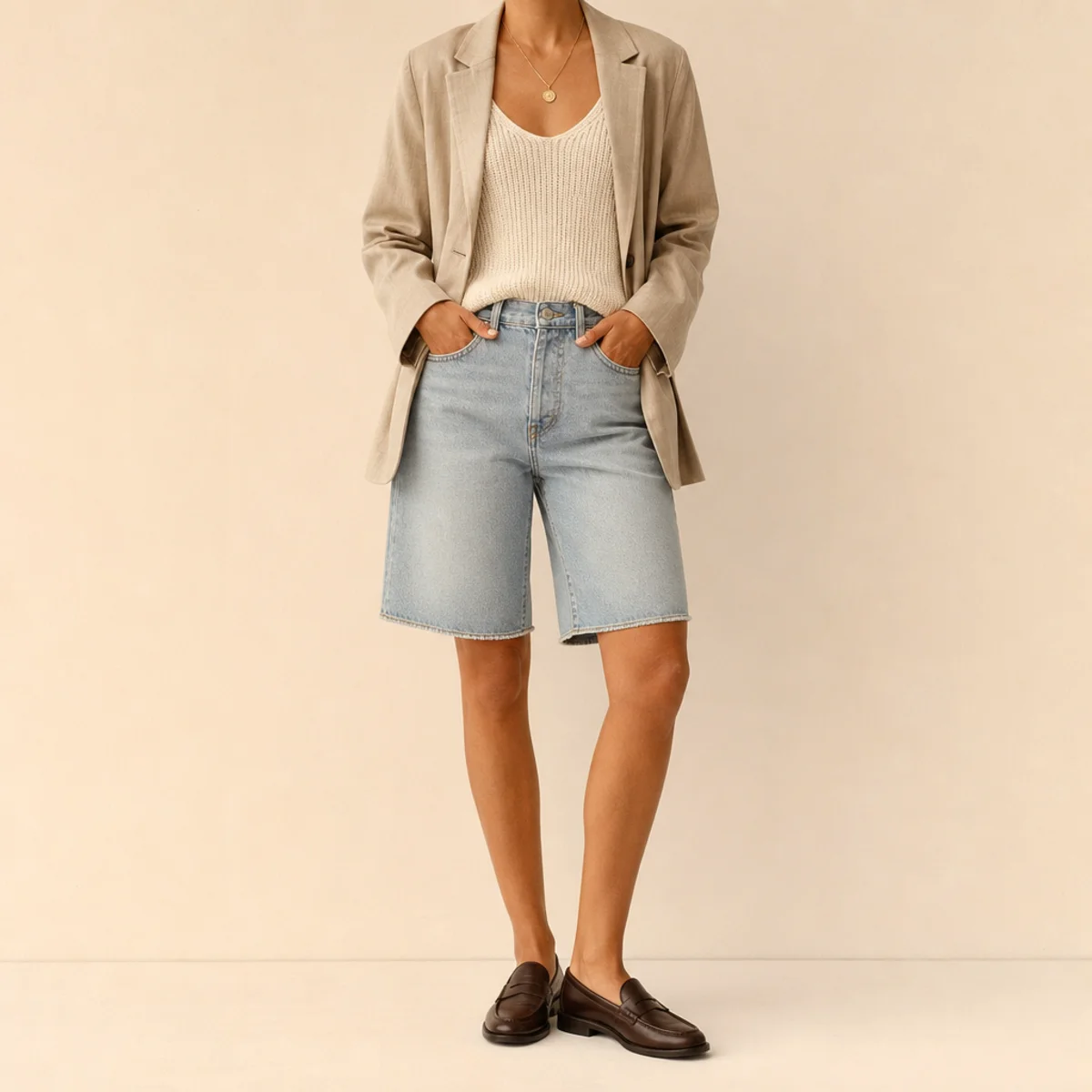 Faceless waist-up shot of a blazer over a knit tank with denim jorts and loafers