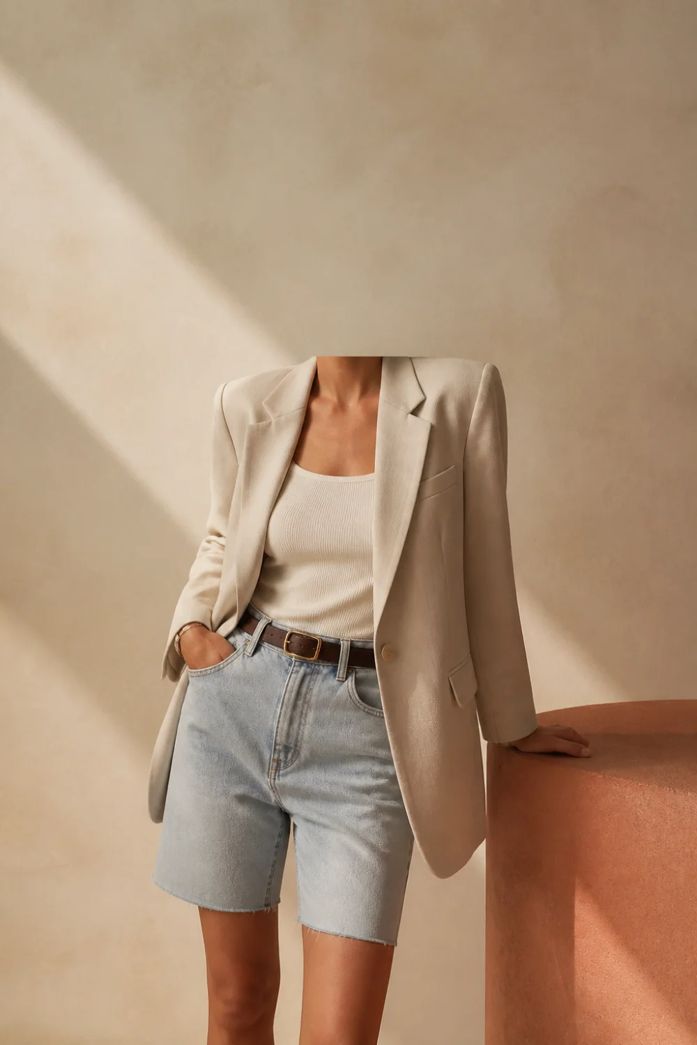 Faceless jorts and blazer outfit with a fitted tank and pointed flats