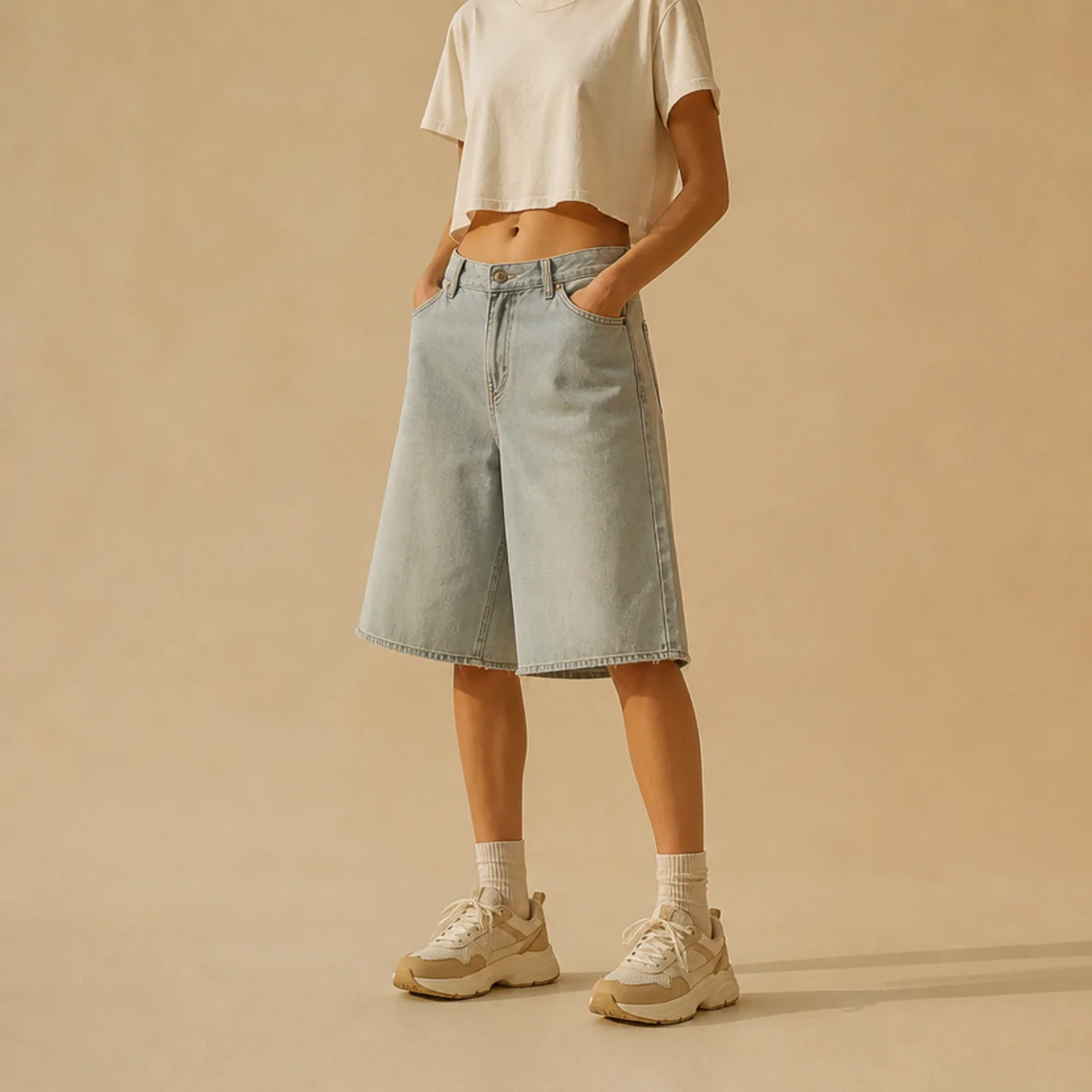 Faceless waist-down shot of baggy denim jorts with a cropped tee and chunky sneakers