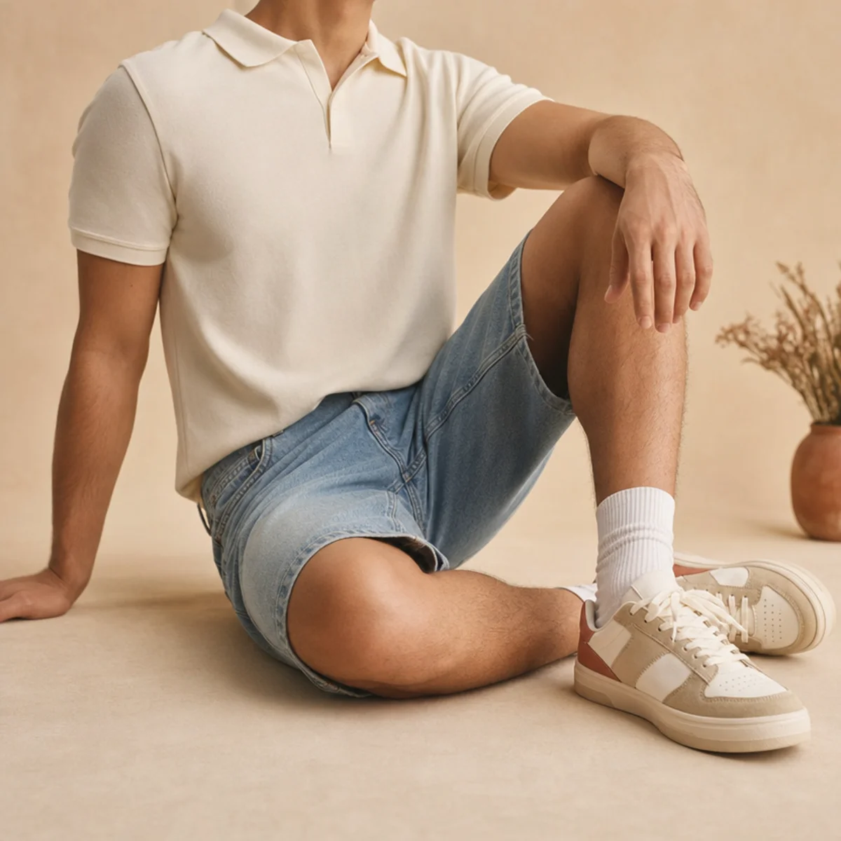 Faceless waist-up shot of a fitted polo with denim jorts and retro low-top sneakers