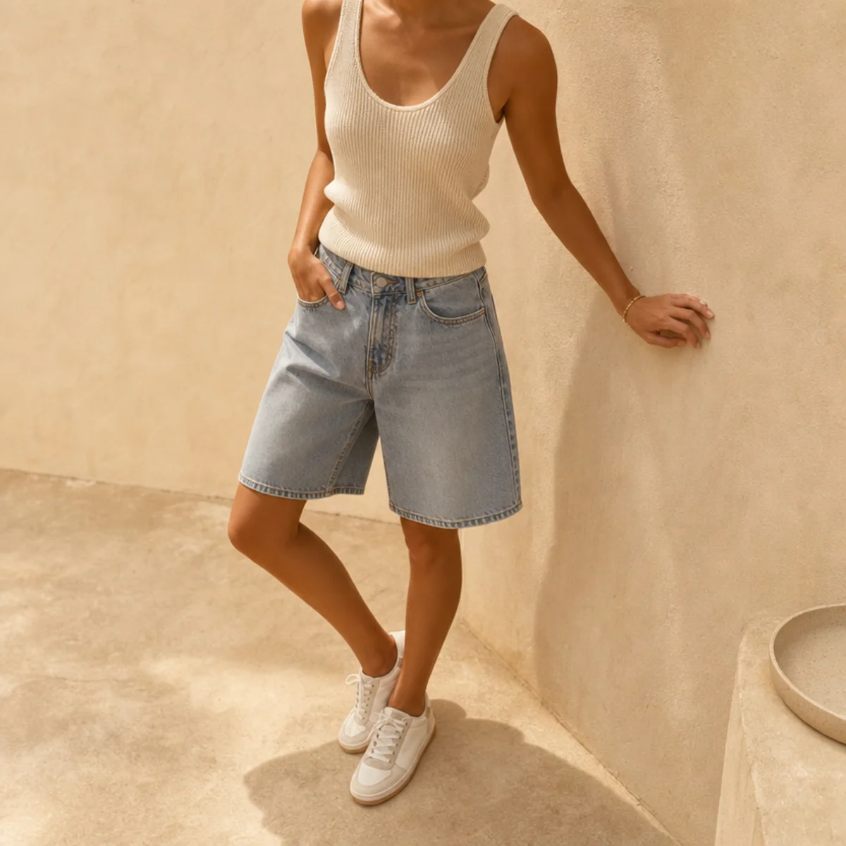 Faceless waist-up shot of a fine knit tank with denim jorts and clean sneakers