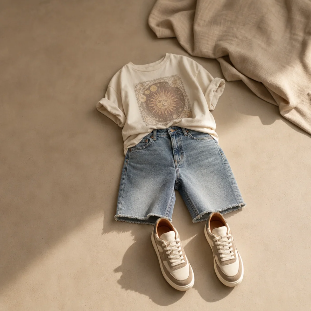 Faceless waist-down shot of denim jorts with a cropped graphic tee and sneakers