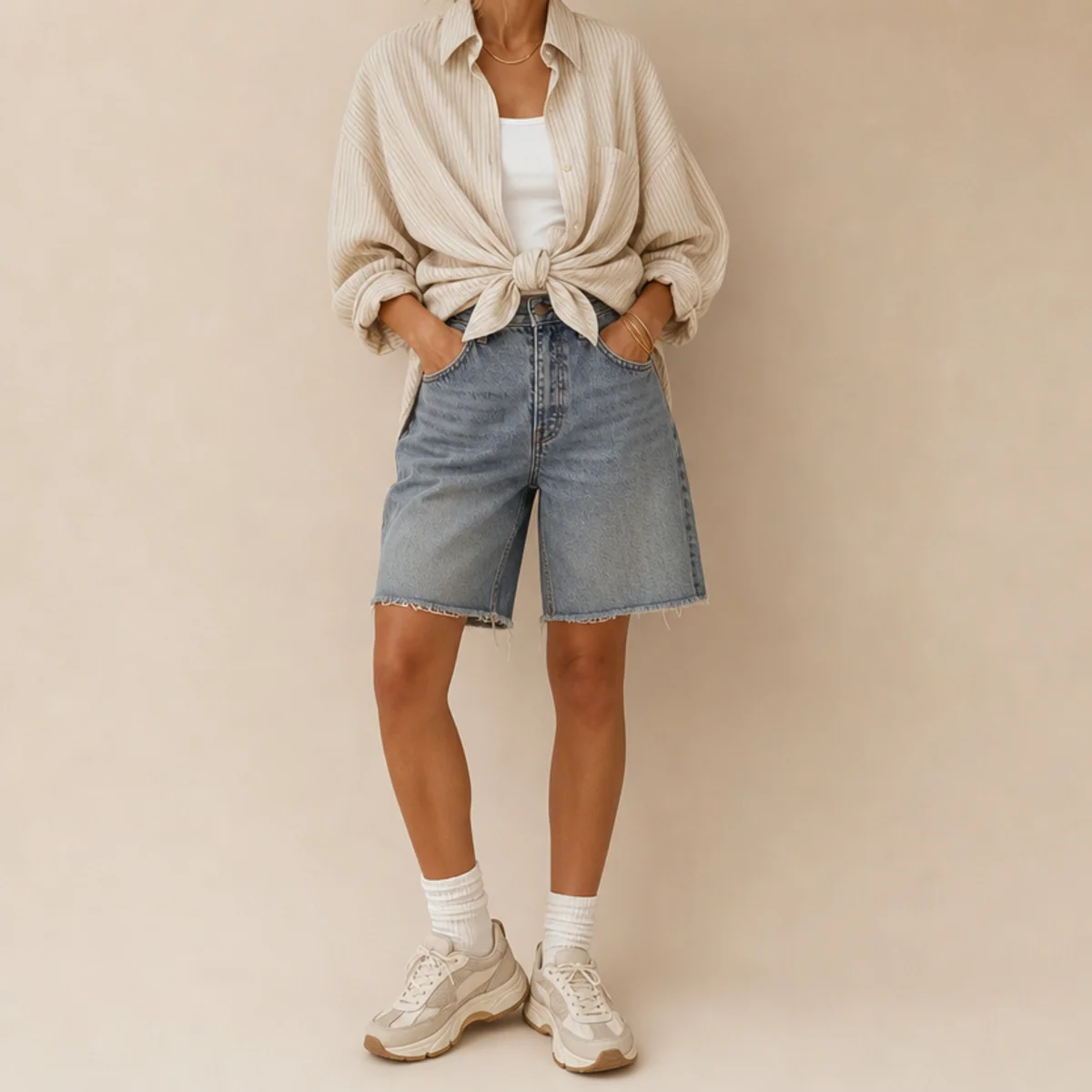 Faceless waist-up shot of an oversized shirt knotted over a tank with jorts and sneakers