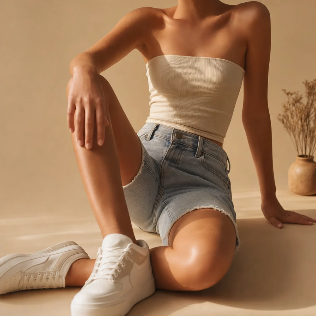 Faceless waist-up shot of a fitted tube top with high-waisted jorts and sneakers