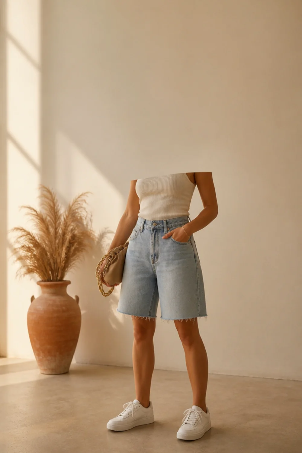 Faceless jorts and sneakers outfit with a fitted tank and white trainers