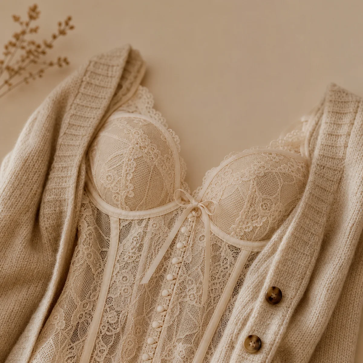 Faceless waist-up shot of a lace corset top under an open knit cardigan with jeans