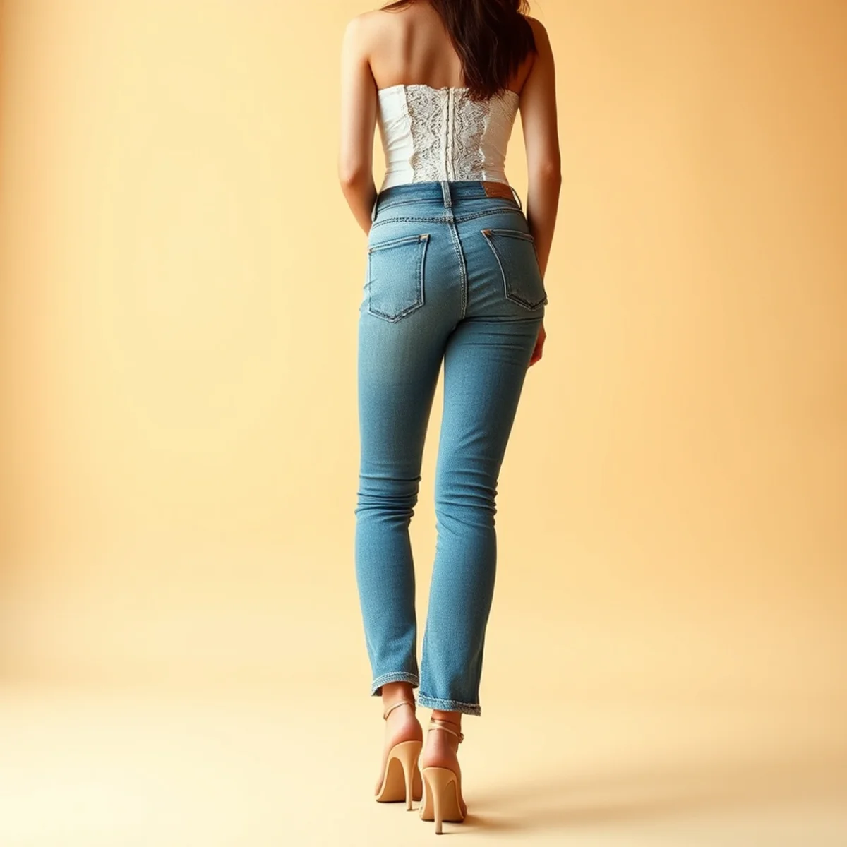 Faceless waist-up shot of a white lace corset top with jeans and heeled sandals