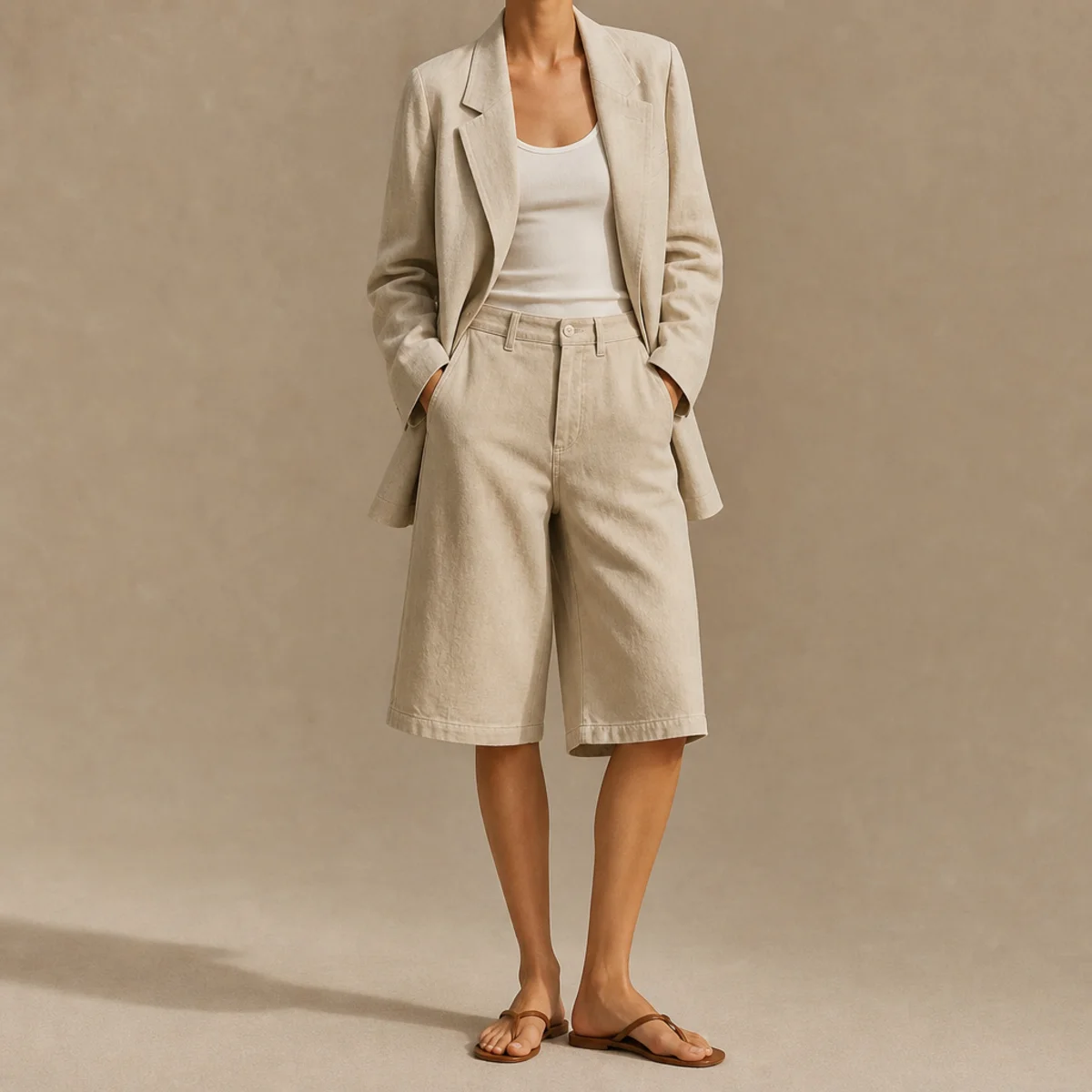 Faceless waist-up shot of a structured blazer over a tank with knee-length jorts