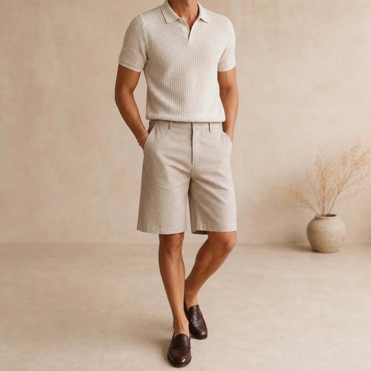 Faceless waist-up shot of a fitted knit polo with long jorts and loafers