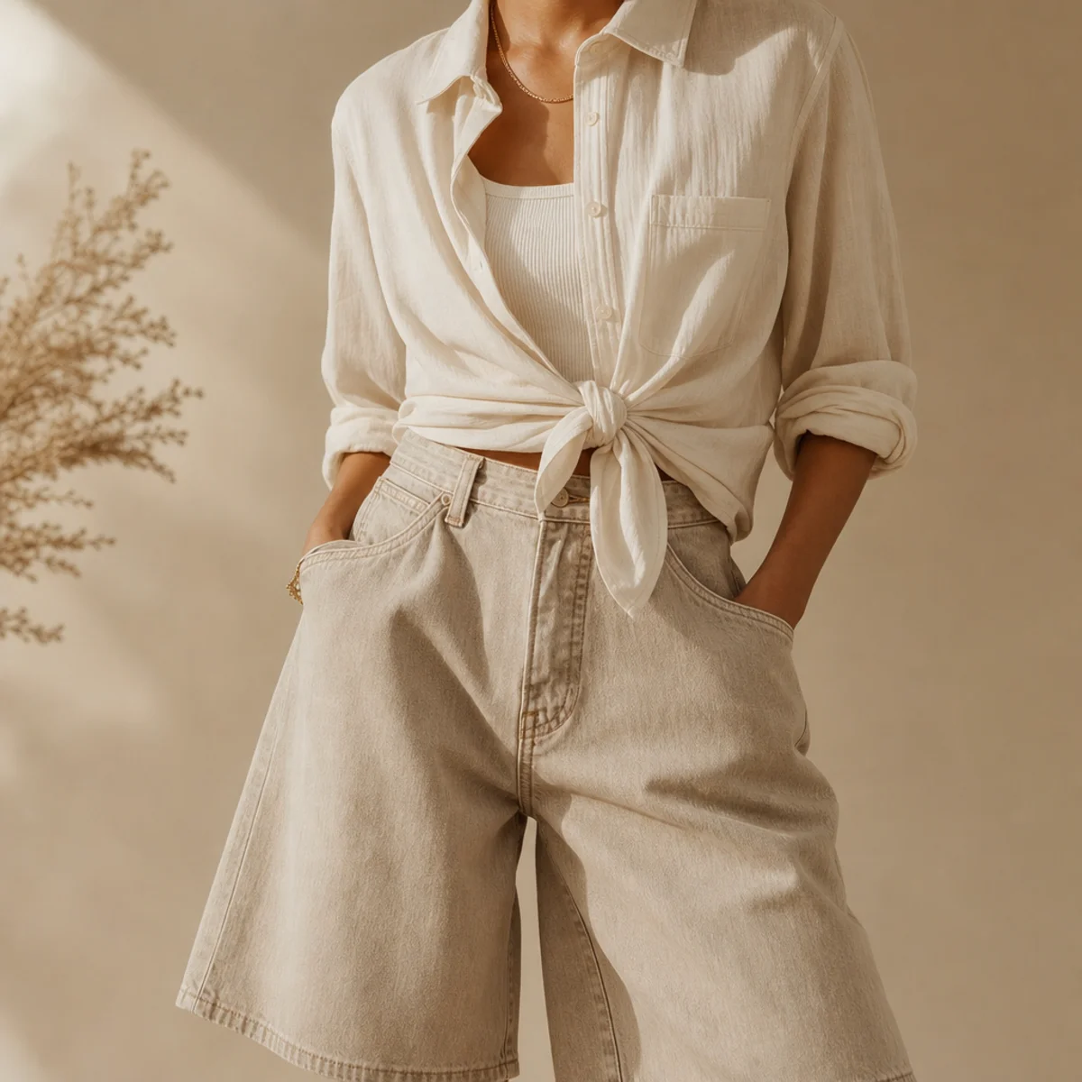 Faceless waist-up shot of a button-down knotted at the waist over a tank with long jorts