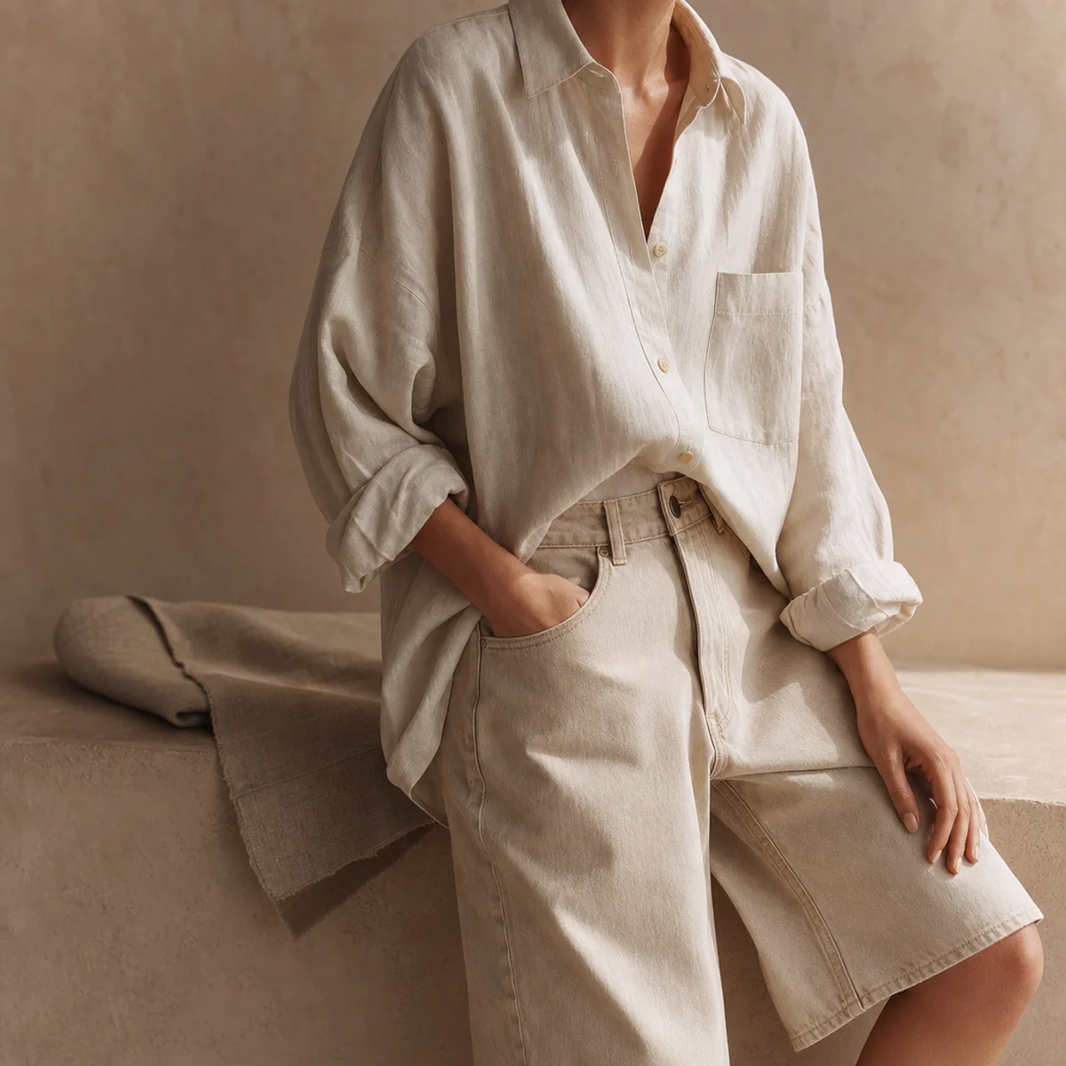 Faceless waist-up shot of an oversized linen shirt half-tucked into long jorts
