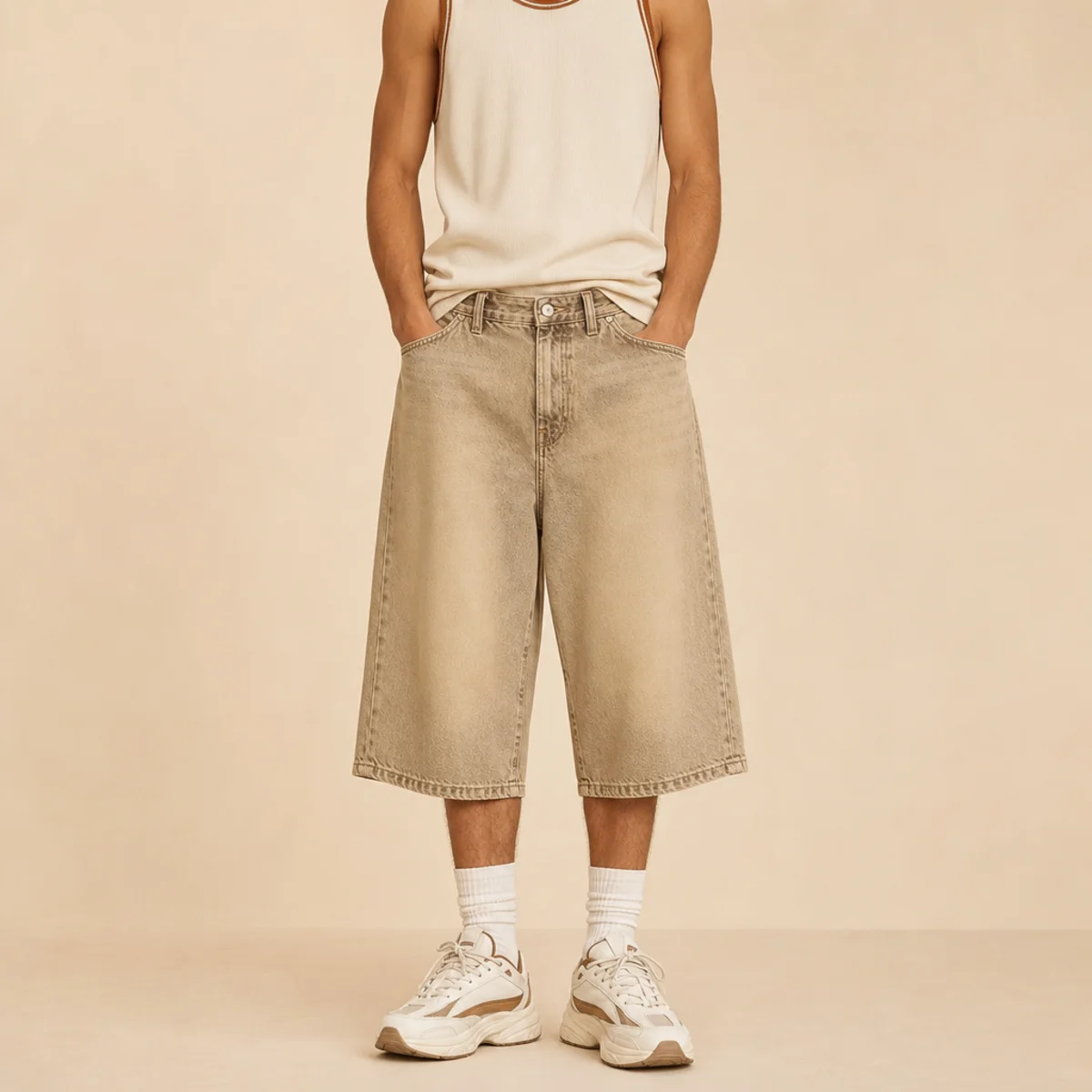 Faceless waist-down shot of long jorts with a sporty tank and chunky sneakers