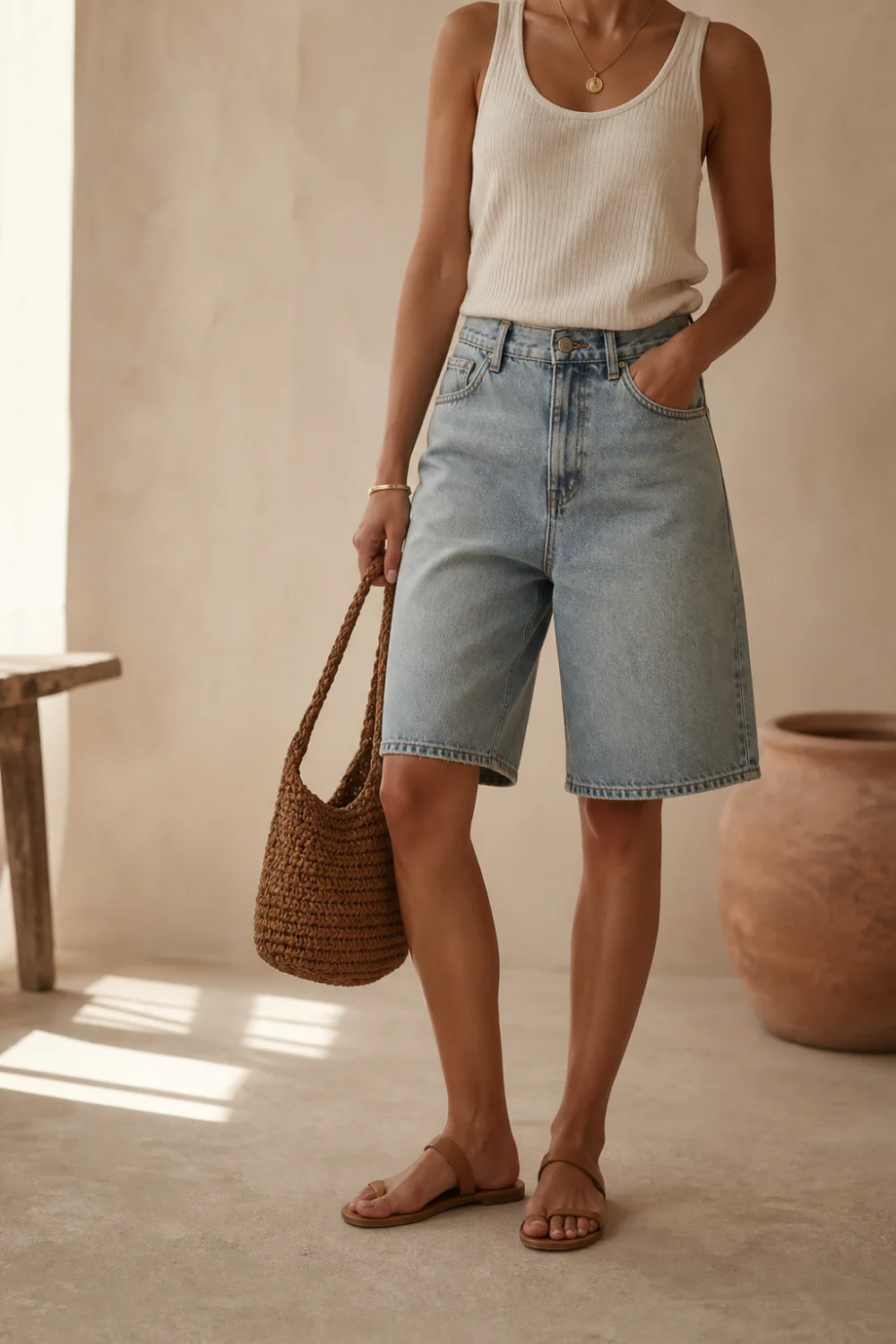 Faceless long Bermuda jorts outfit with a fitted top and ballet flats
