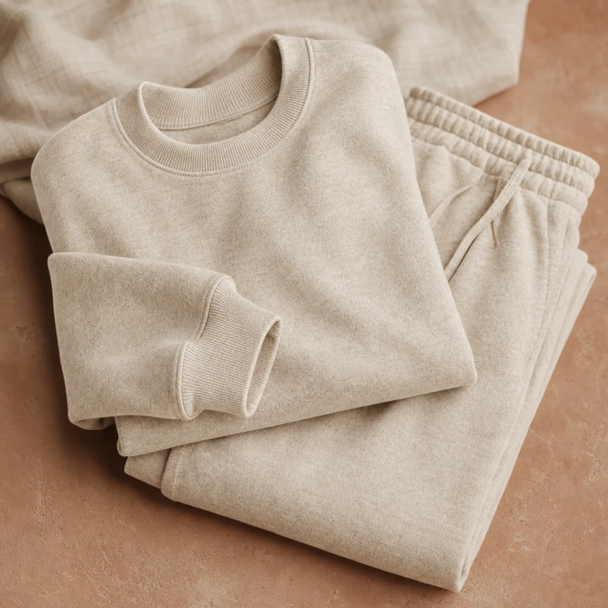 Faceless waist-up shot of a soft oatmeal matching sweatshirt and sweatpants set