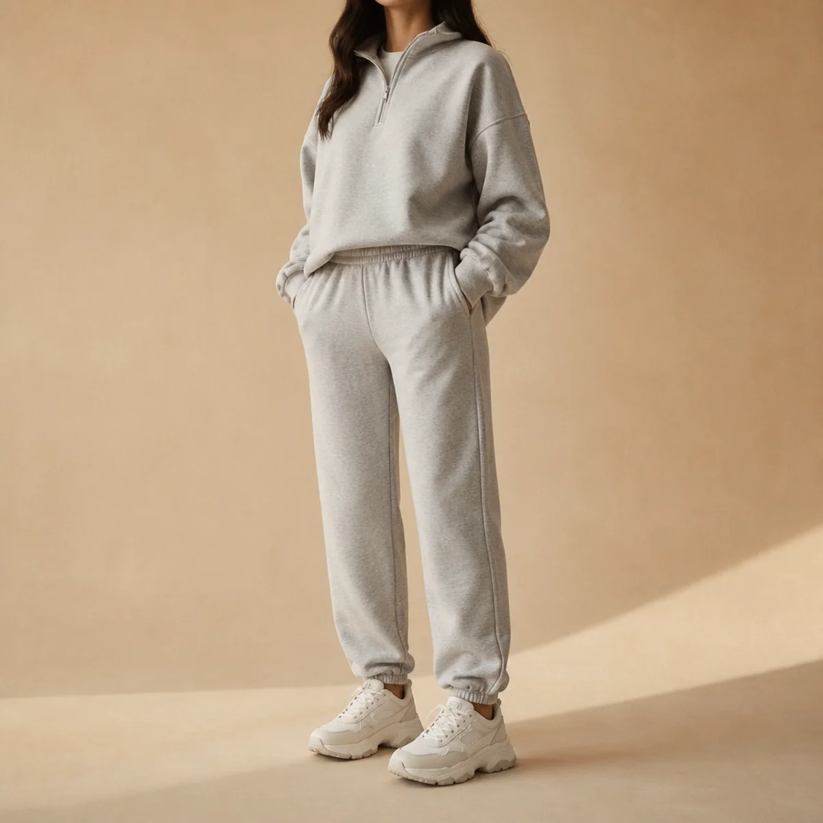 Faceless full-length shot of a grey matching sweat set with chunky white sneakers