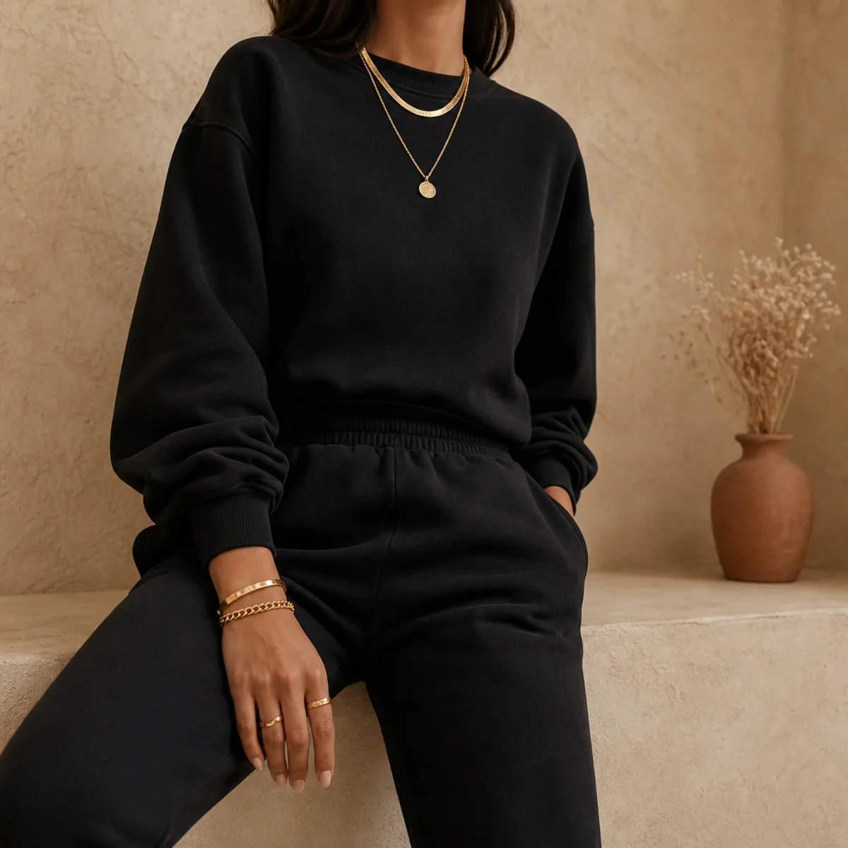 Faceless waist-up shot of a black matching sweat set styled with layered gold necklaces