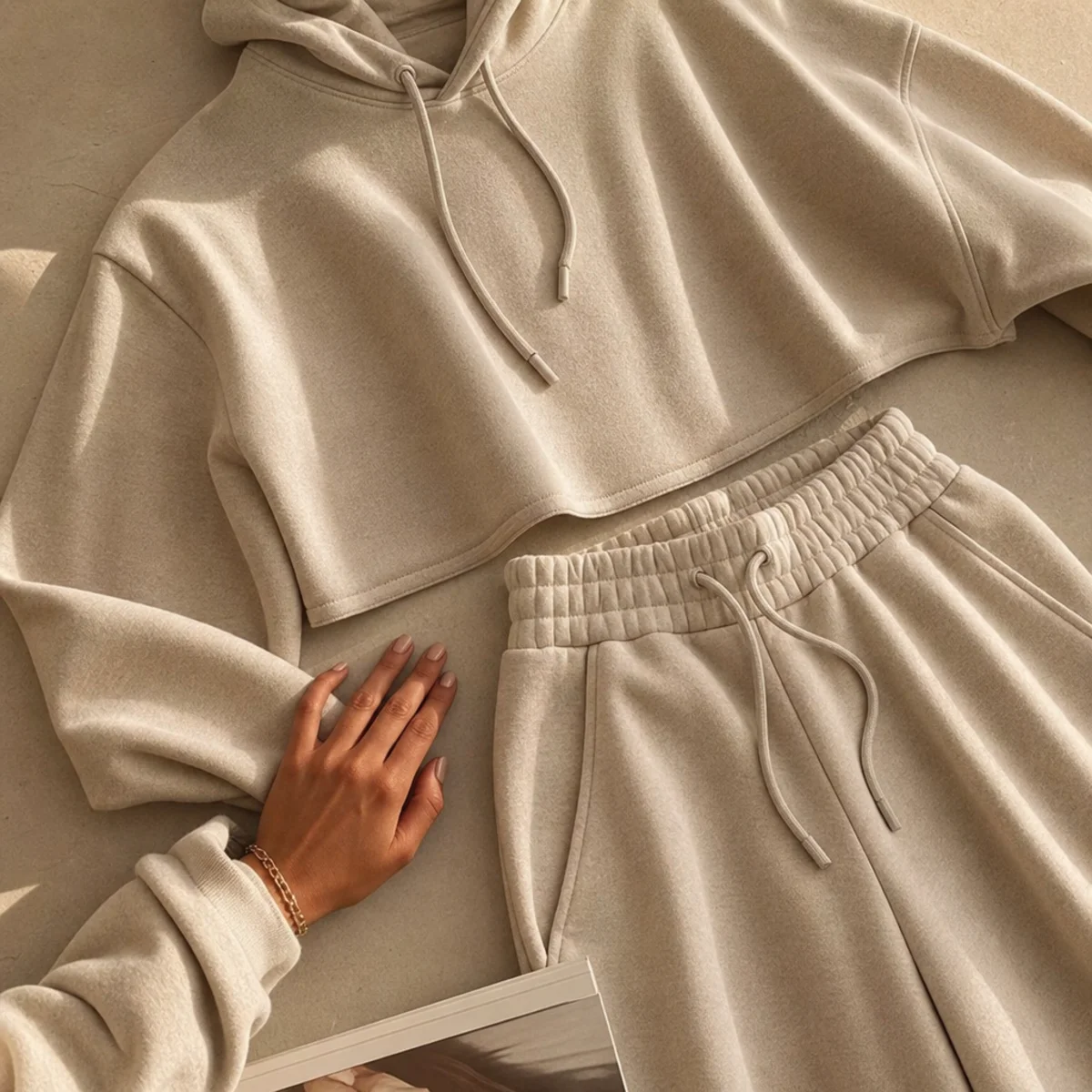 Faceless waist-down shot of a cropped hoodie and matching high-waisted sweatpants