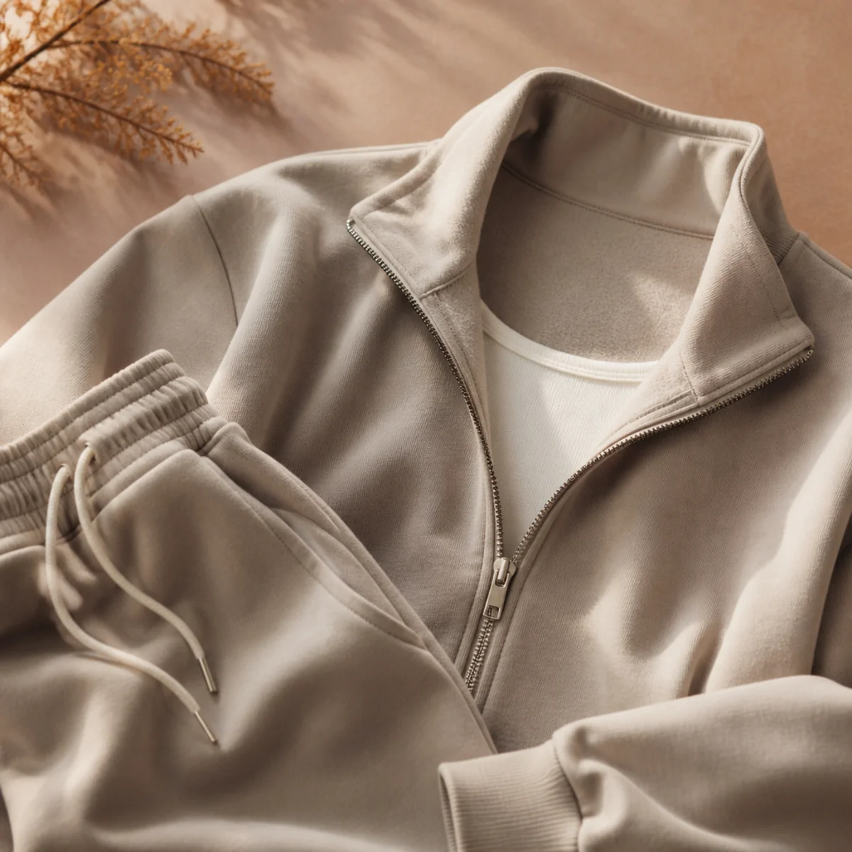 Faceless waist-up shot of a zip-up sweatshirt and matching sweatpants set over a white tank
