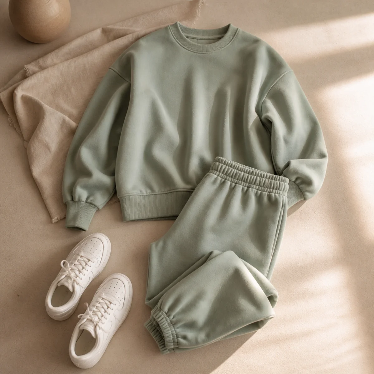 Faceless waist-up shot of a soft sage matching sweat set with white trainers