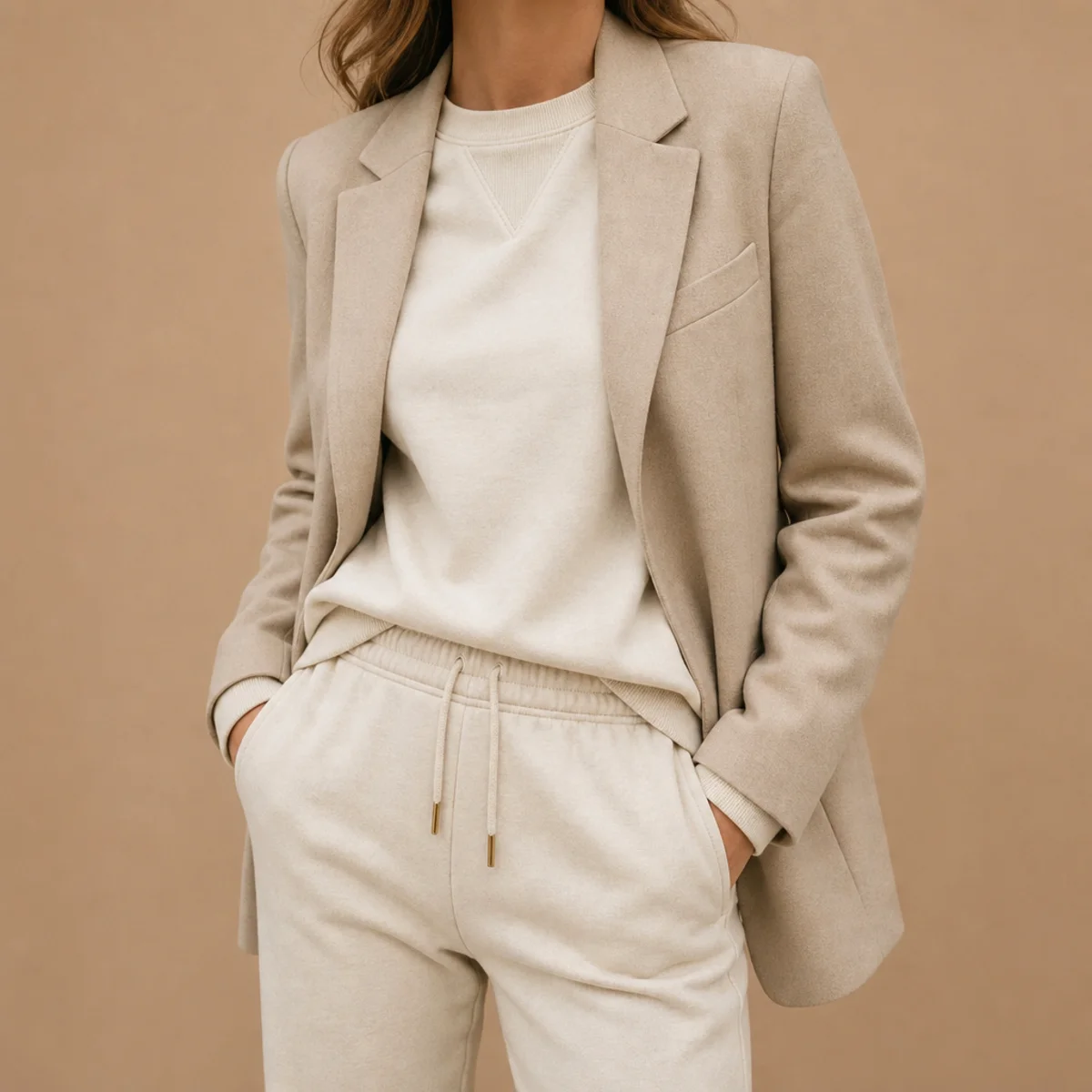 Faceless waist-up shot of a tonal sweat set layered under a structured blazer