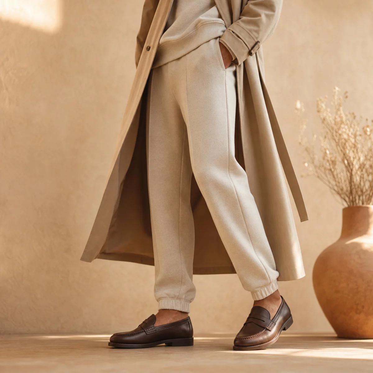 Faceless full-length shot of a tonal sweat set layered under an open beige trench with loafers