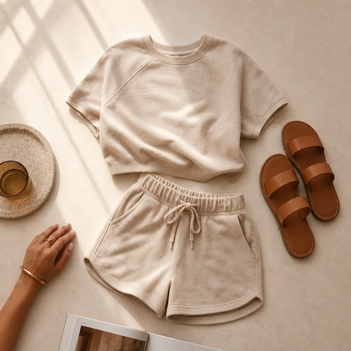 Faceless waist-down shot of a matching sweat shorts and short-sleeve top set with sandals