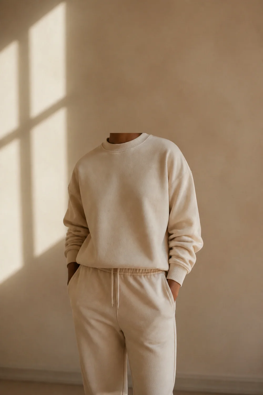 Faceless matching sweatsuit set with chunky sneakers and gold jewellery